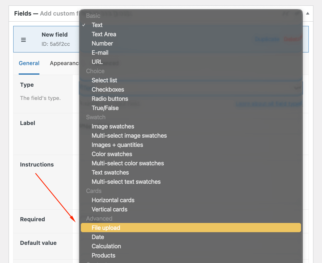 Choose the File upload field