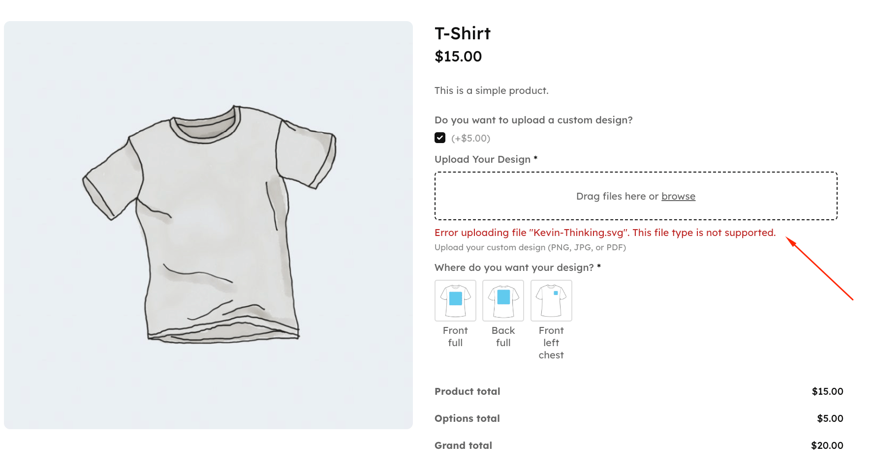 Error showing that the wrong file type has been uploaded