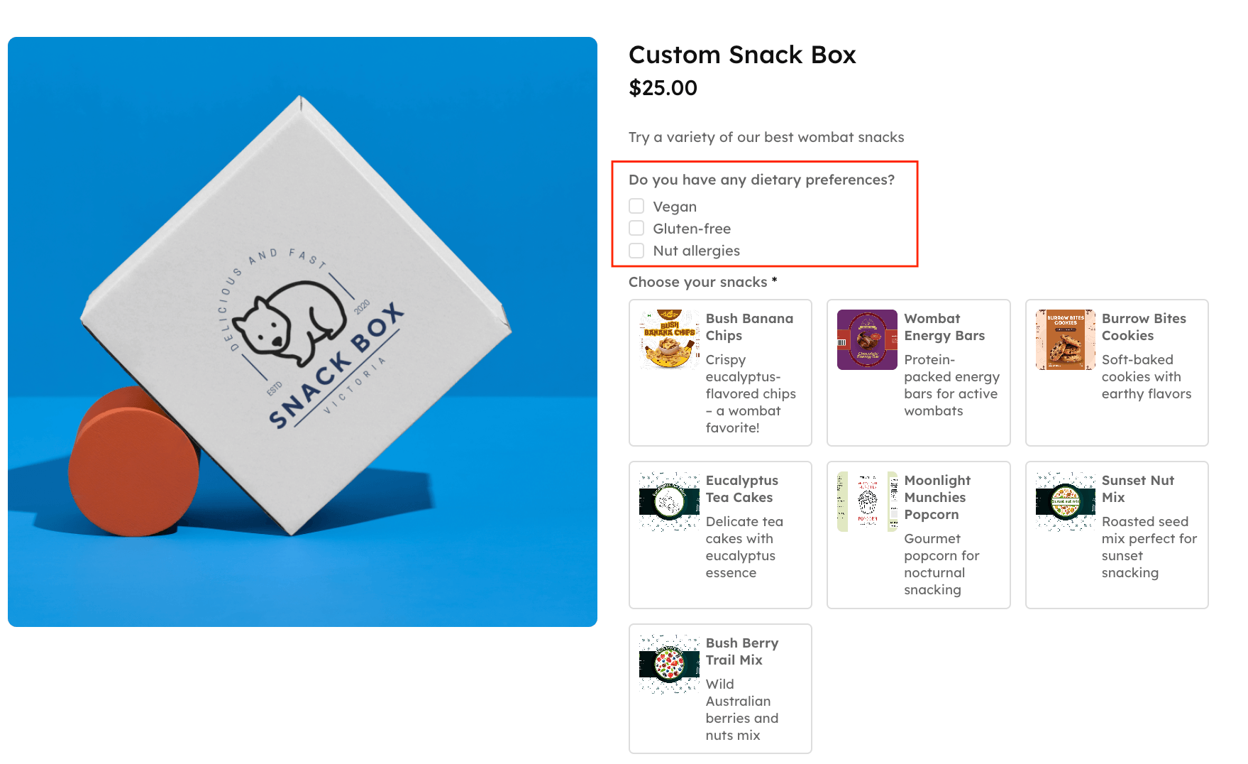 Checkbox field example on a snack box