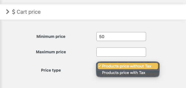 Cart notice cart price settings – minimum price and type