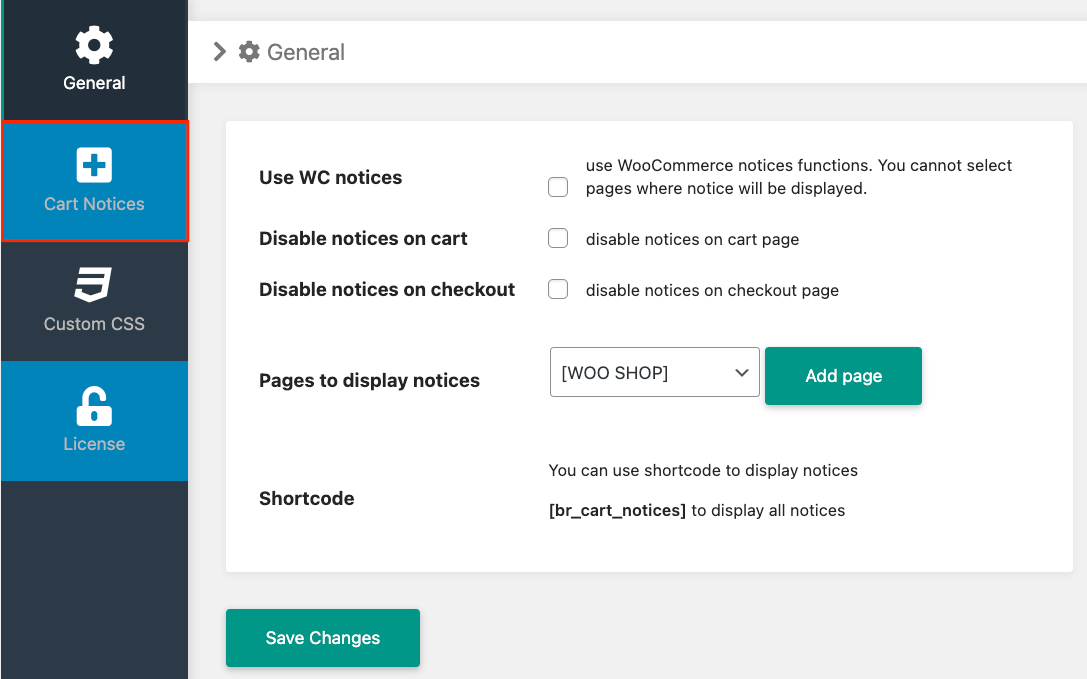 Cart Notices general settings and menu