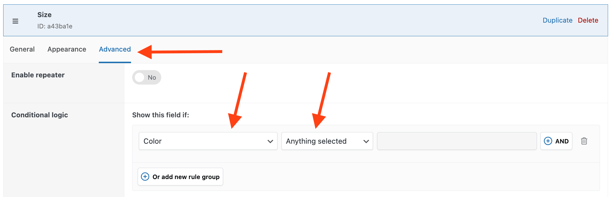 Conditional logic settings for your options on the product page
