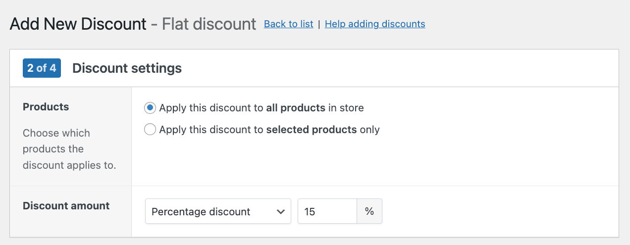 Setting up a 15% storewide percentage discount in WooCommerce Discounts