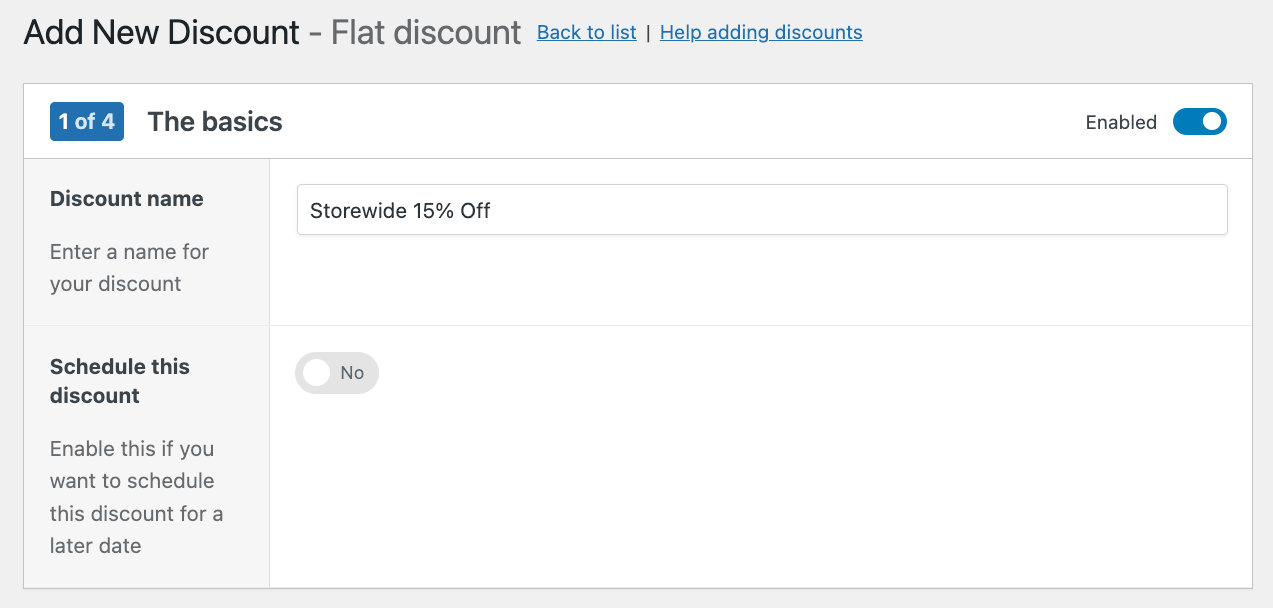 Discount name and schedule option