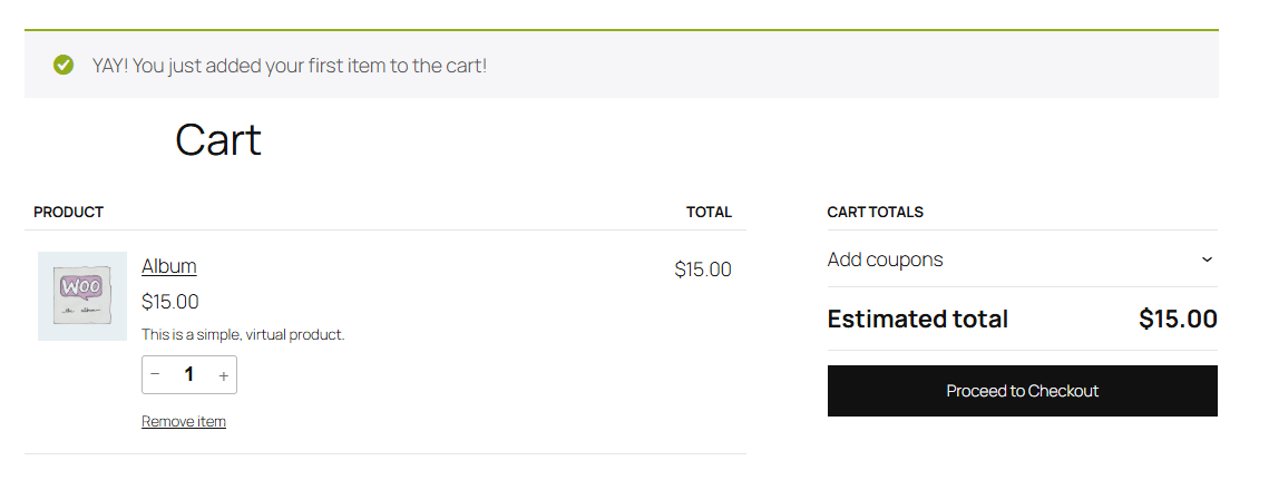 Cart message for first item added