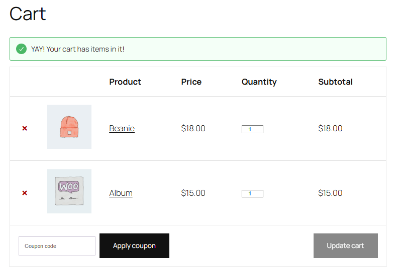 Example message in cart