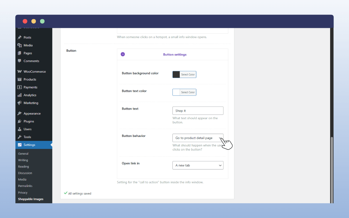 shoppable button settings