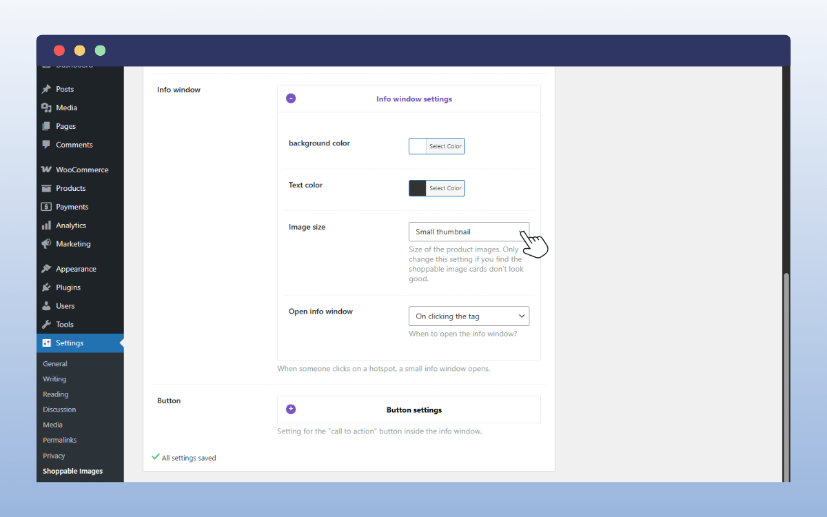 shoppable info window settings