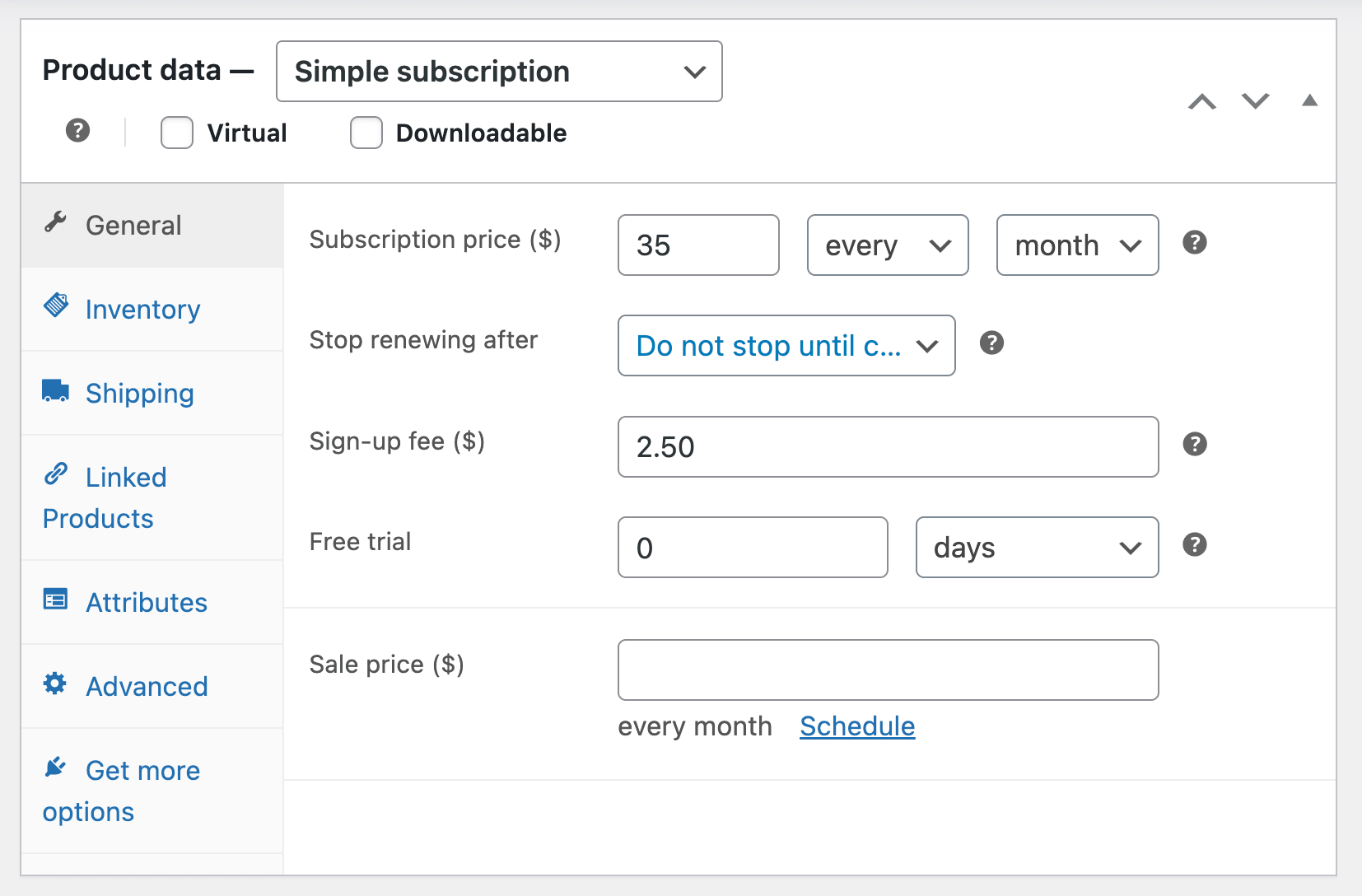 Subscription product general settings