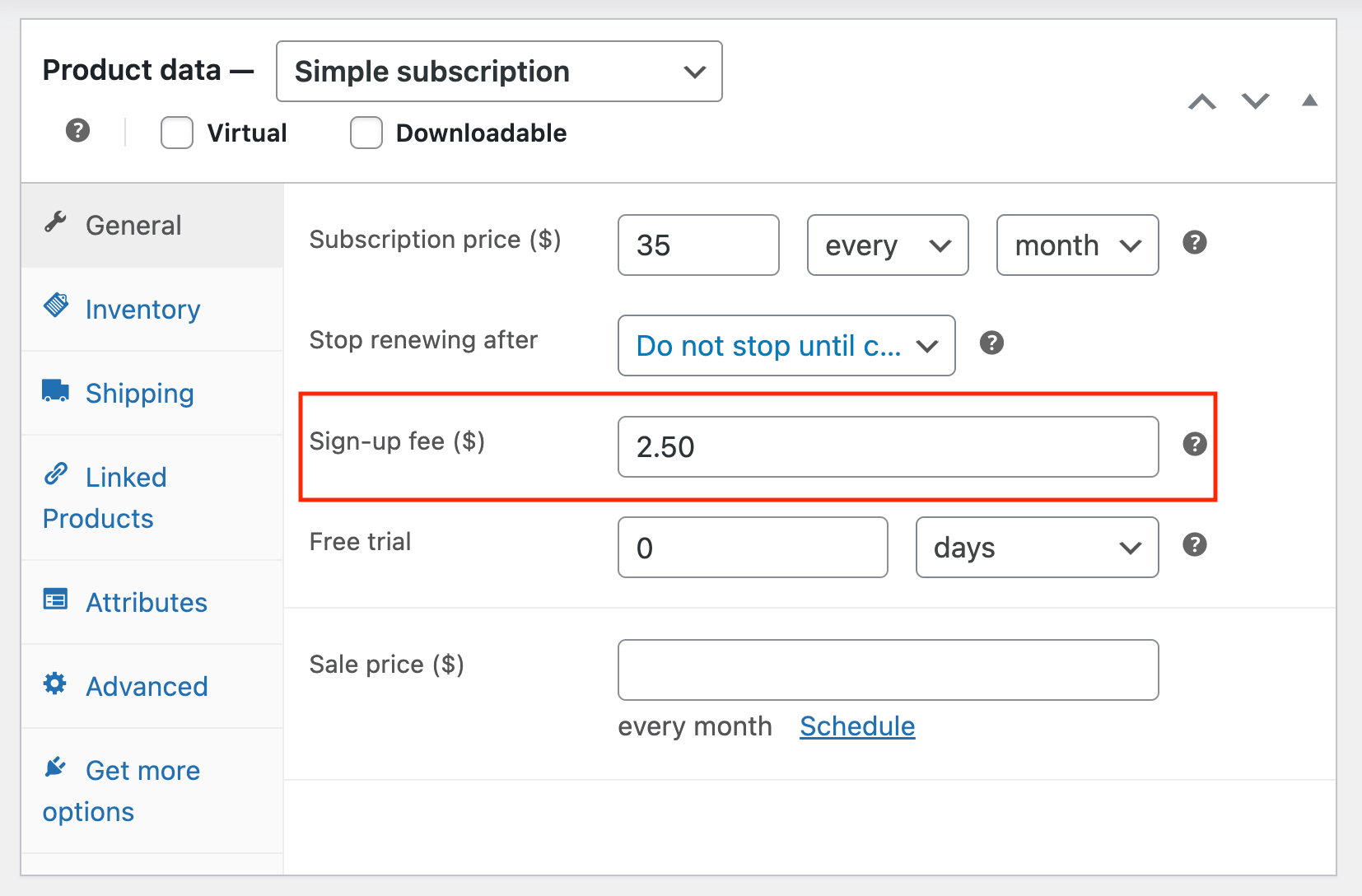 Sign-up fee for a subscription product