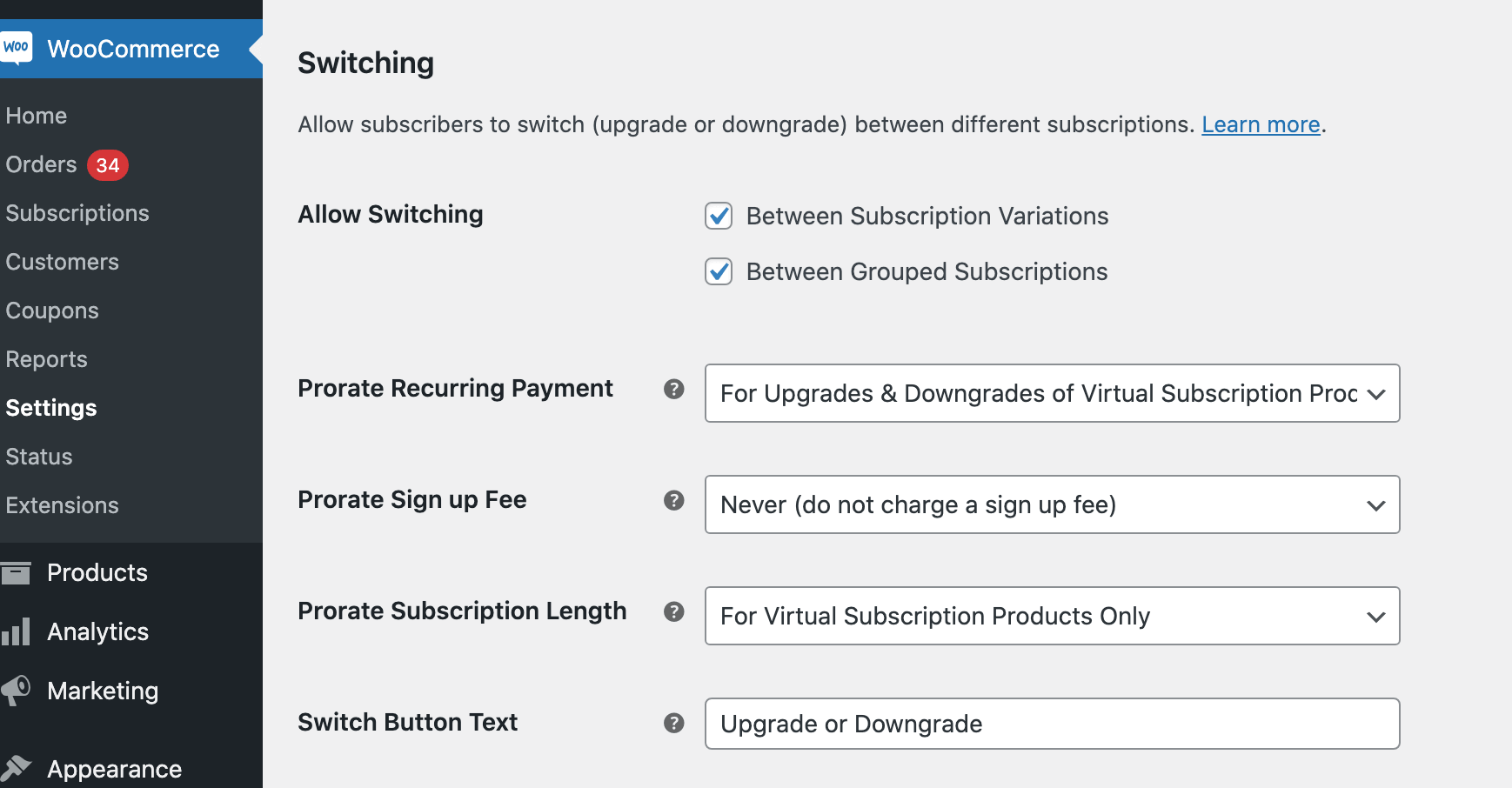 Subscription switching settings