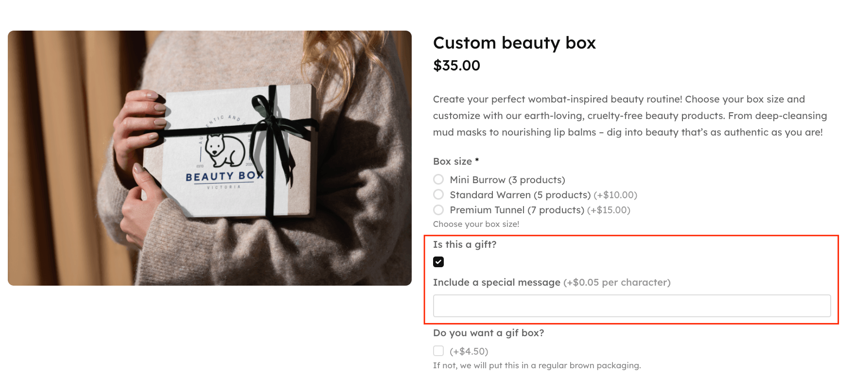 Text field for a special message with extra pricing per character