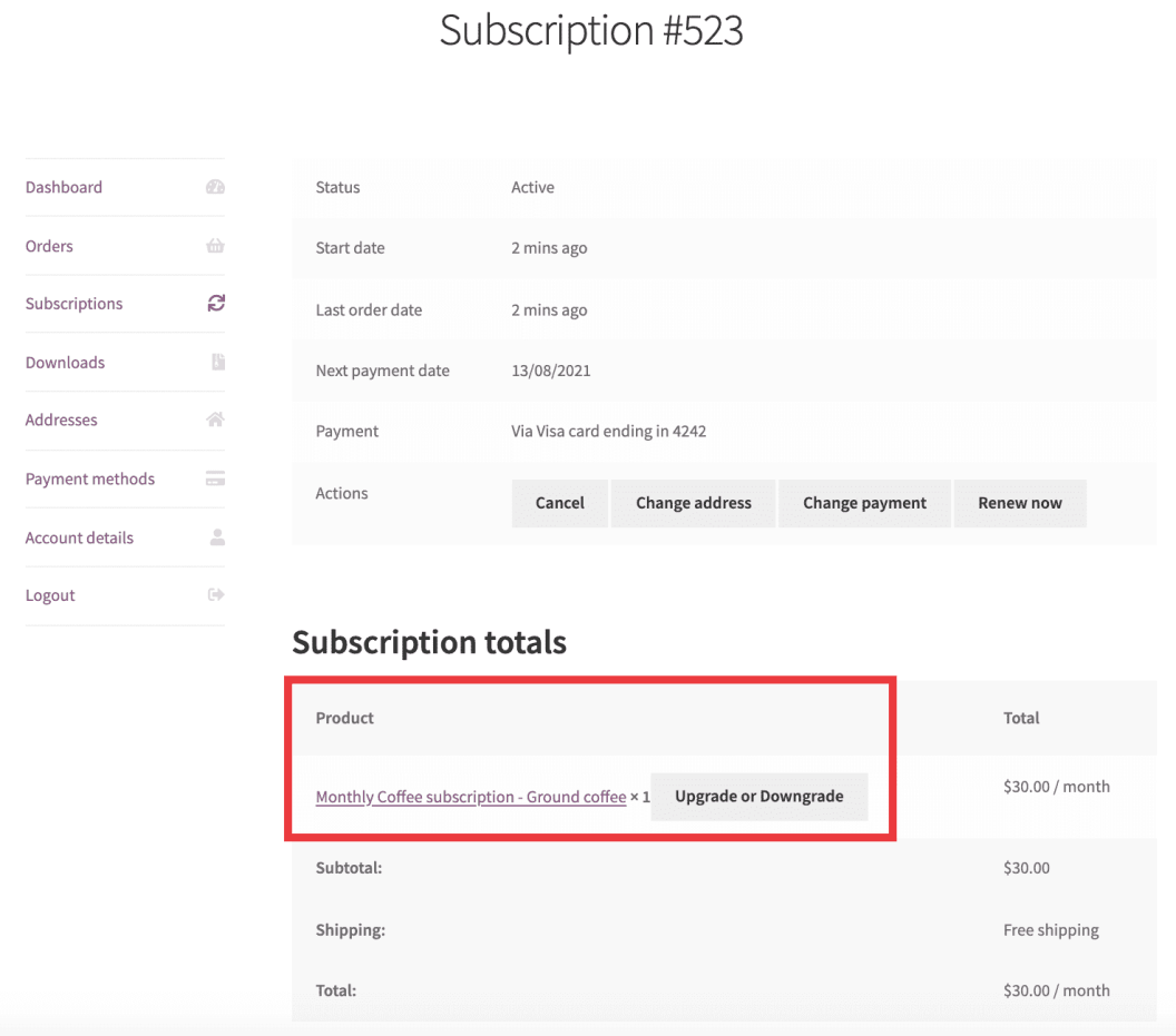 Upgrade and downgrade button for a subscription