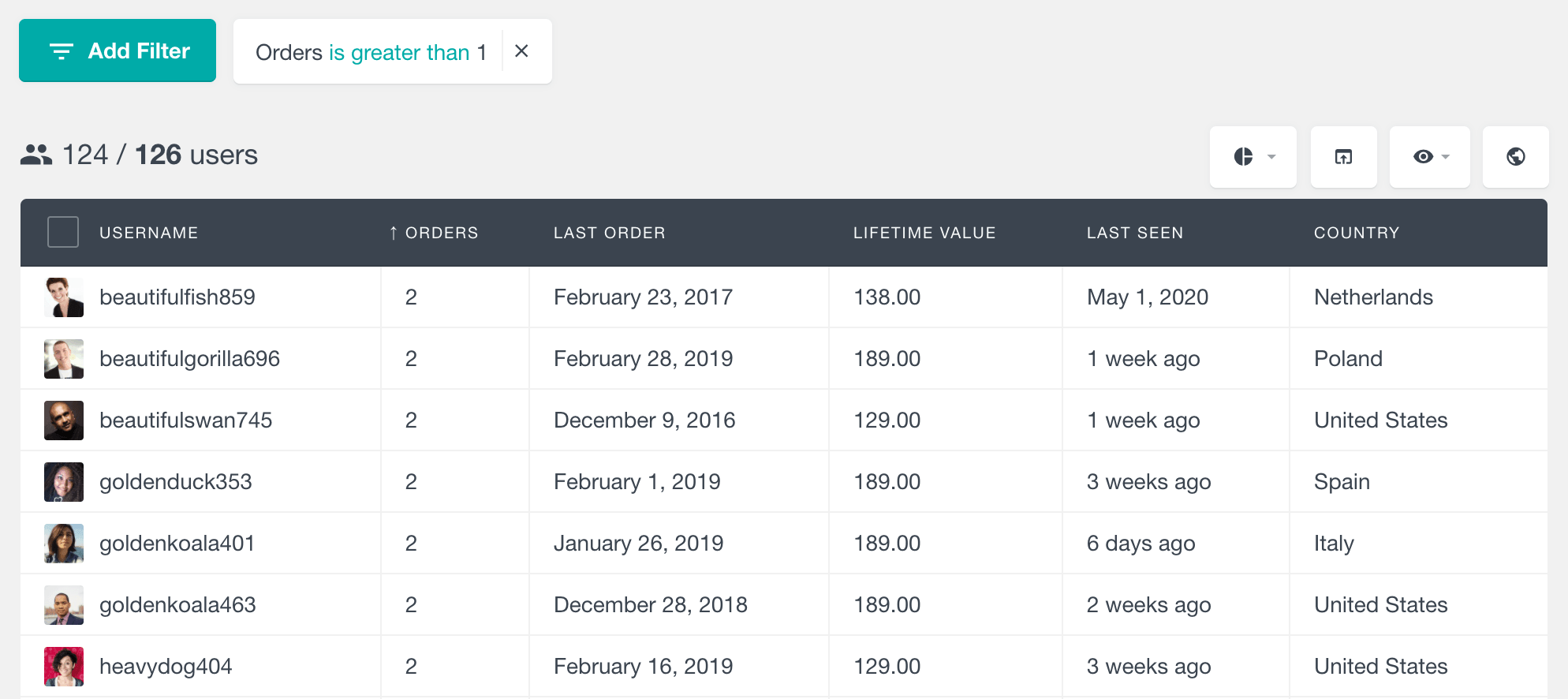 Users Insights filter for users with more than 1 order