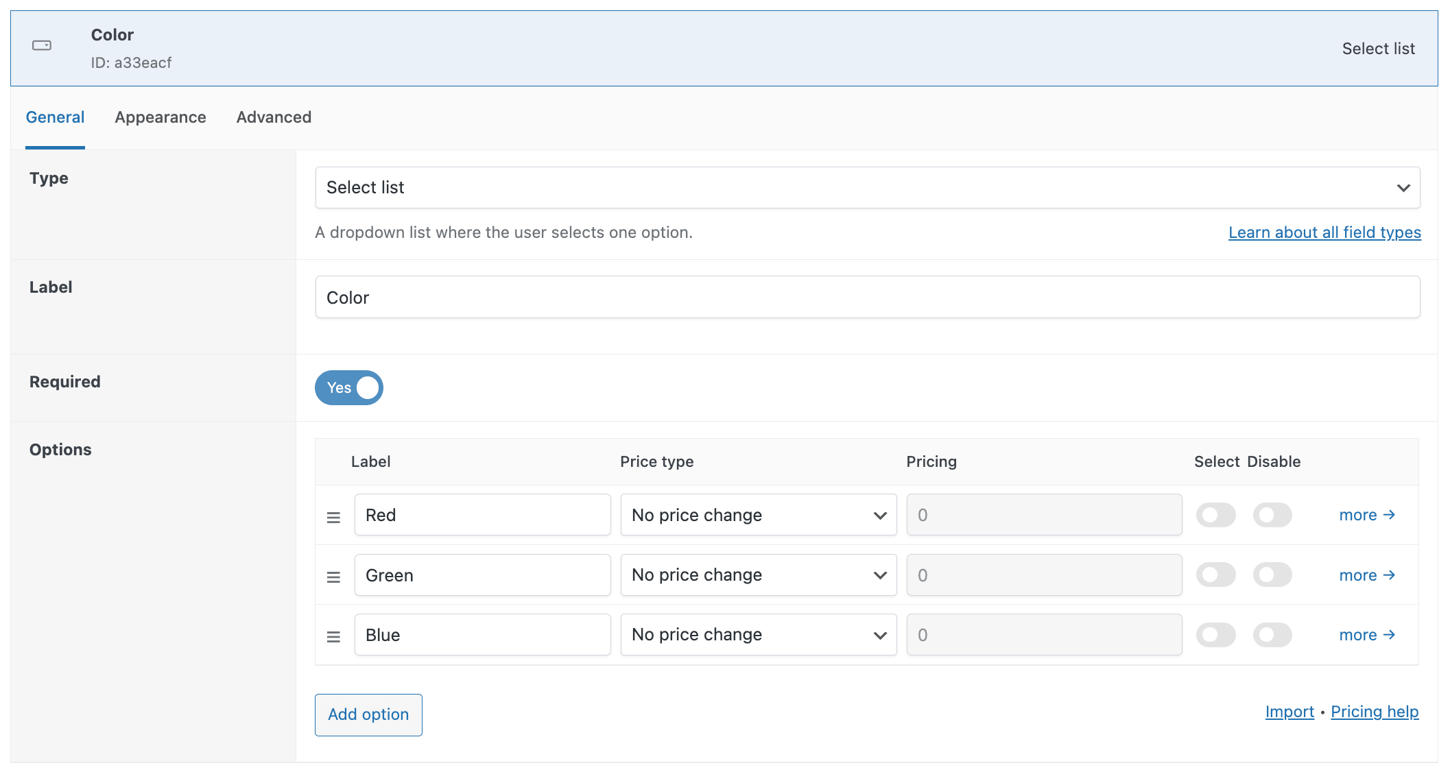 Backend settings in WooCommerce for a "color" option on your products