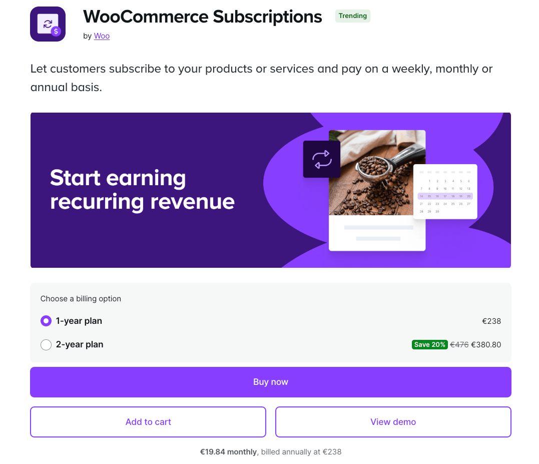 WooCommerce subscriptions product page