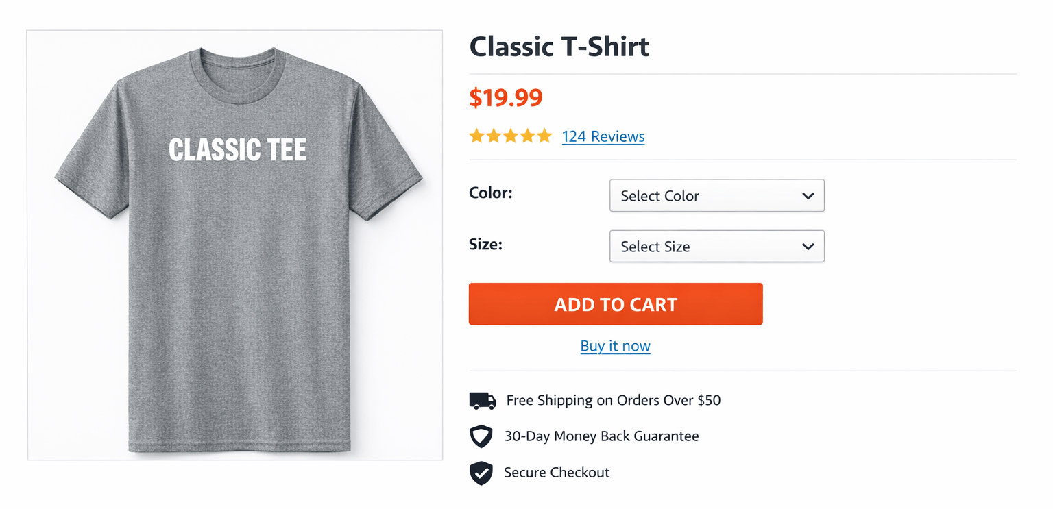 Example of a product page with standard WooCommerce variations (dropdow options)