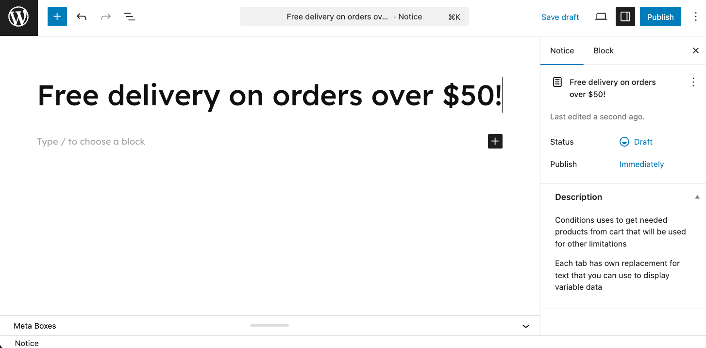 Write cart notice message