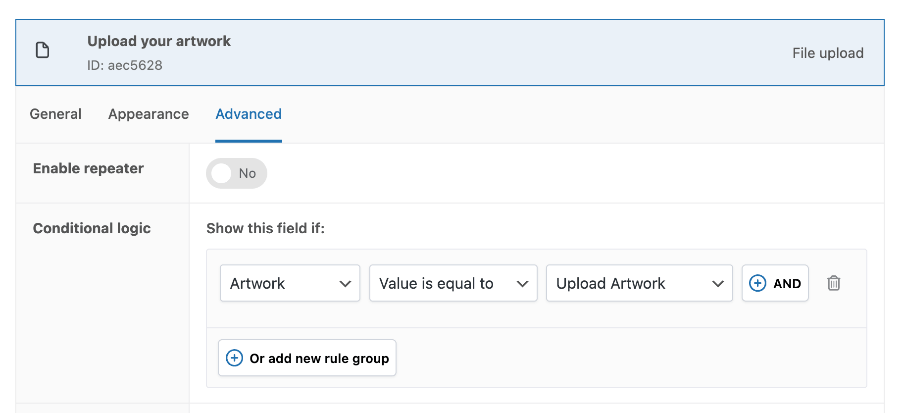 Conditional logic settings for the "Upload artwork" field