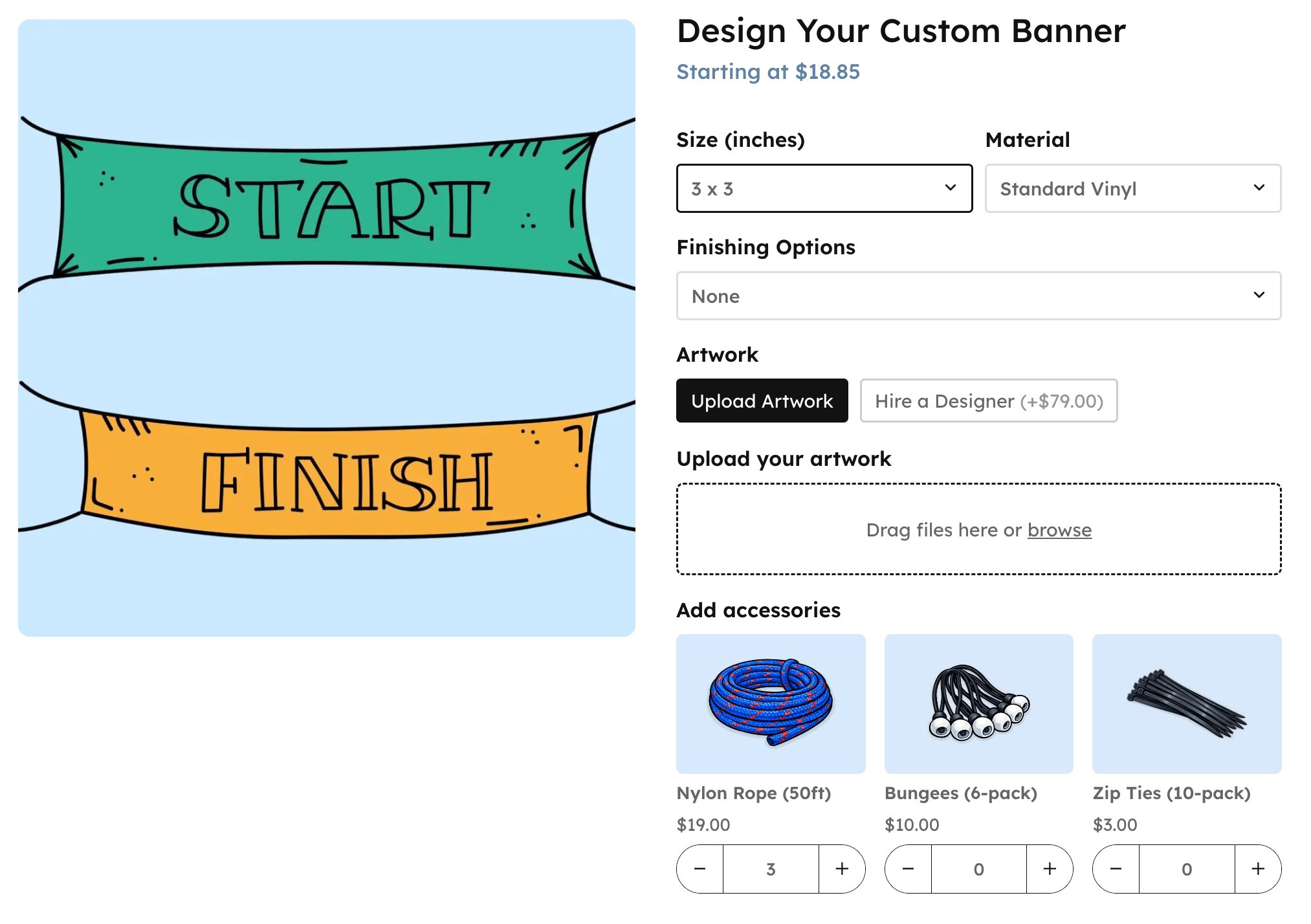 Example of a custom banner product with custom pricing and upsells