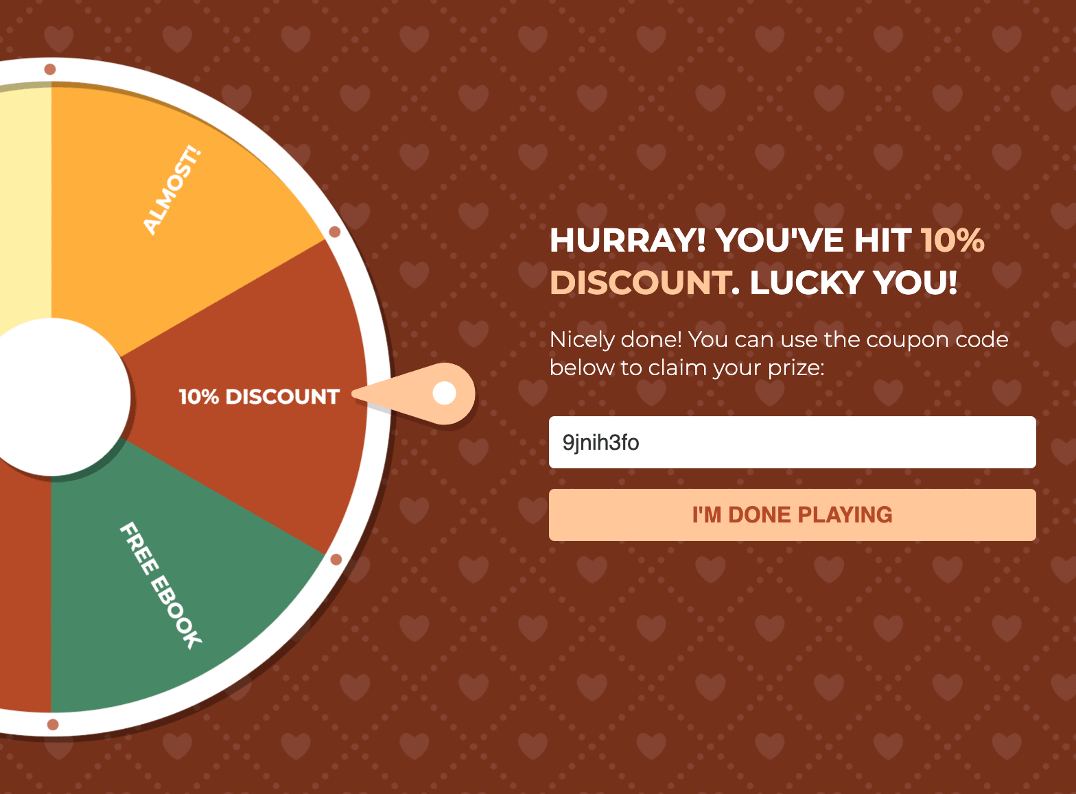 Example gamification wheel with a coupon code