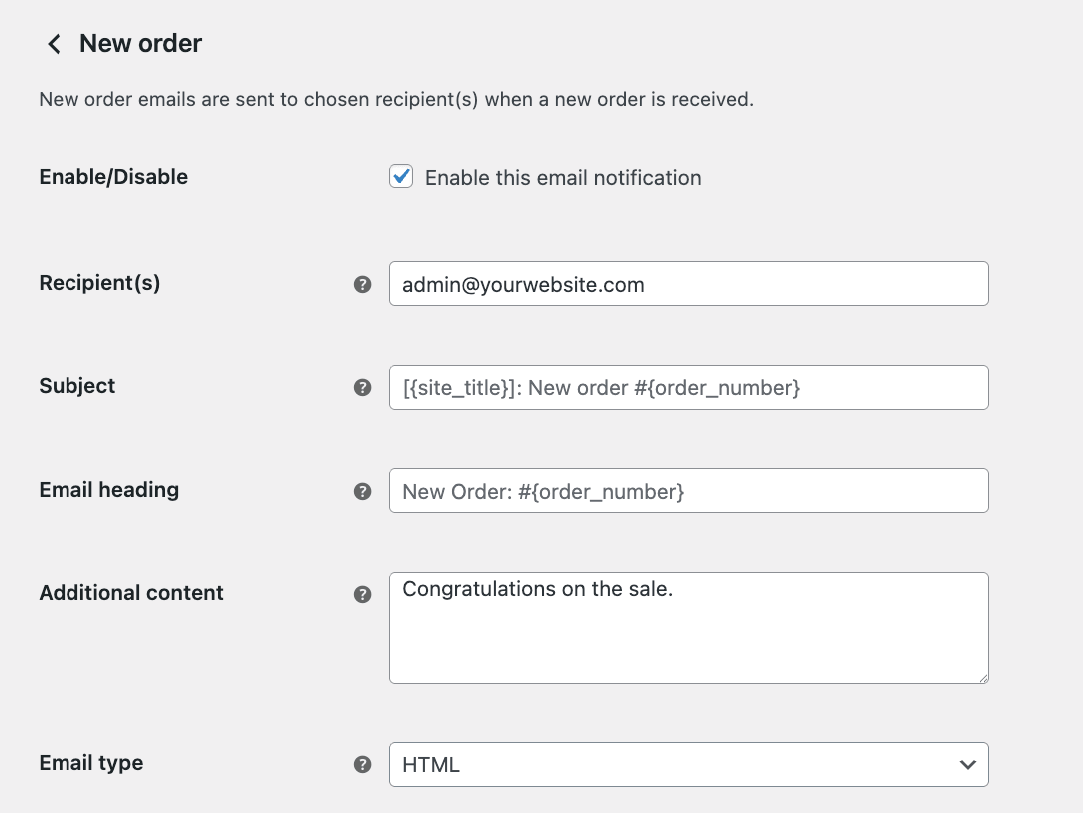 Individual settings for WooCommerce emails