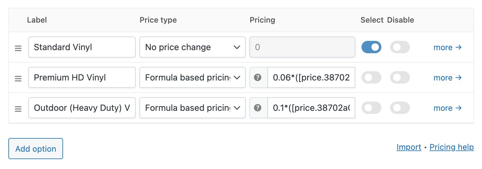 Backend settings to add a percentage surcharge for premium materials