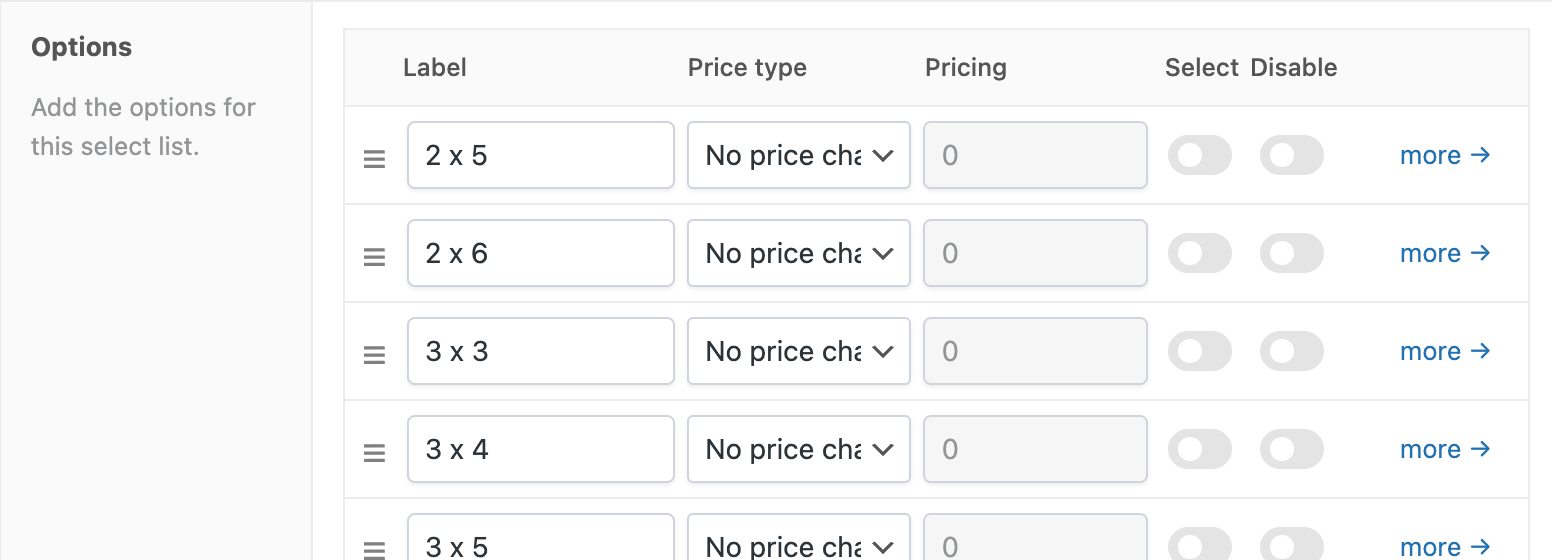 Defining options for a select list field in APF