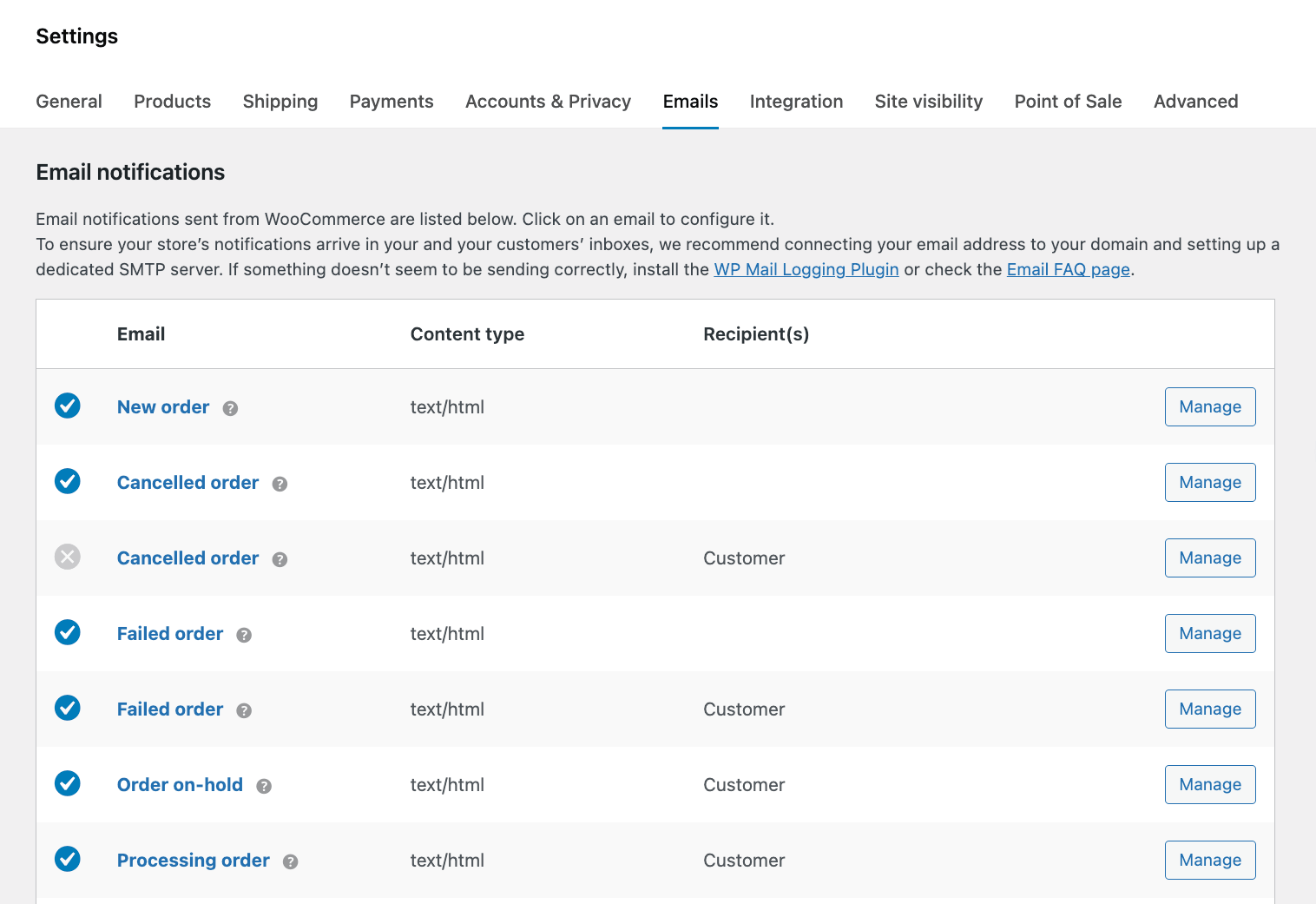 WooCommerce email content types