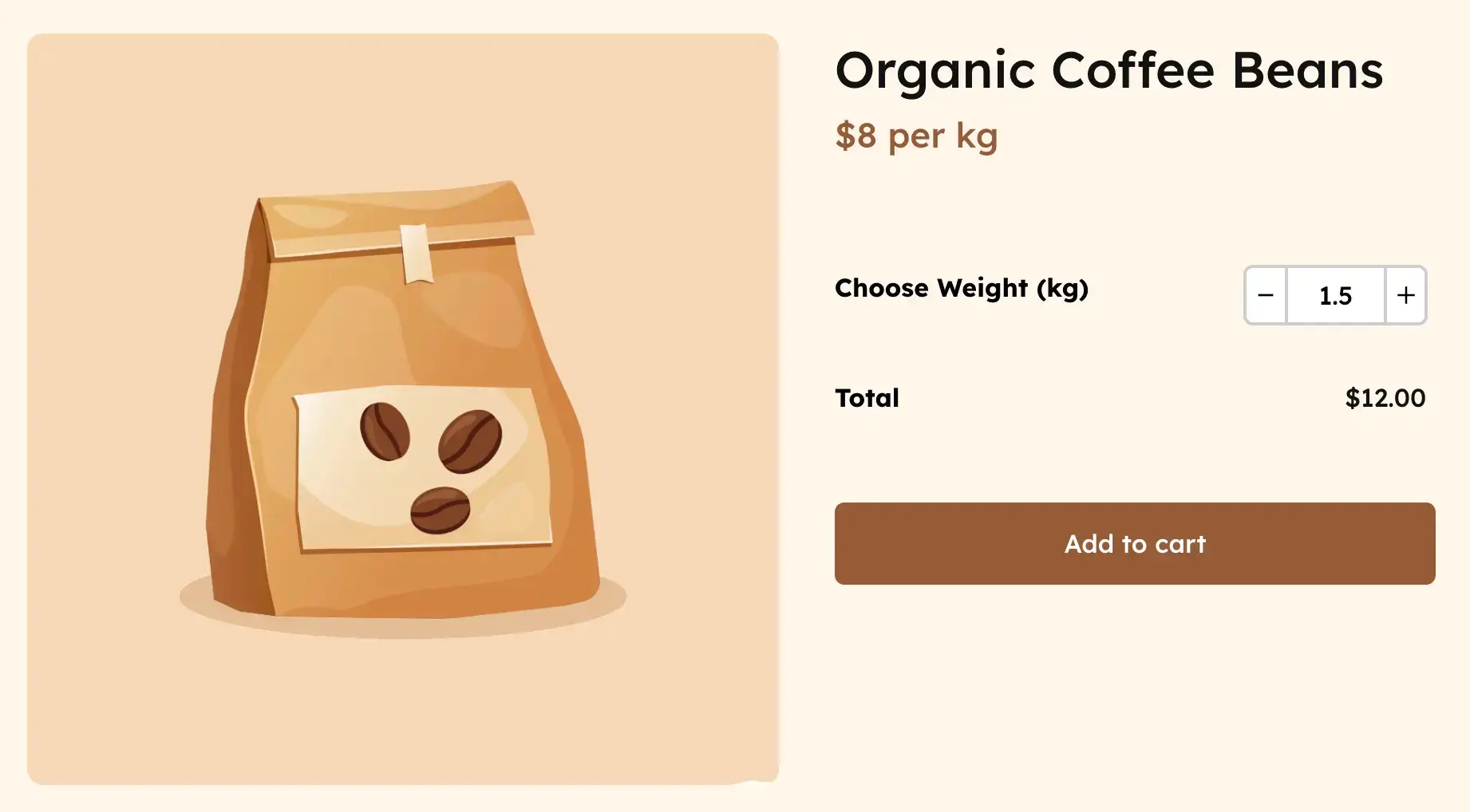 A coffee product sold by weight in WooCommerce