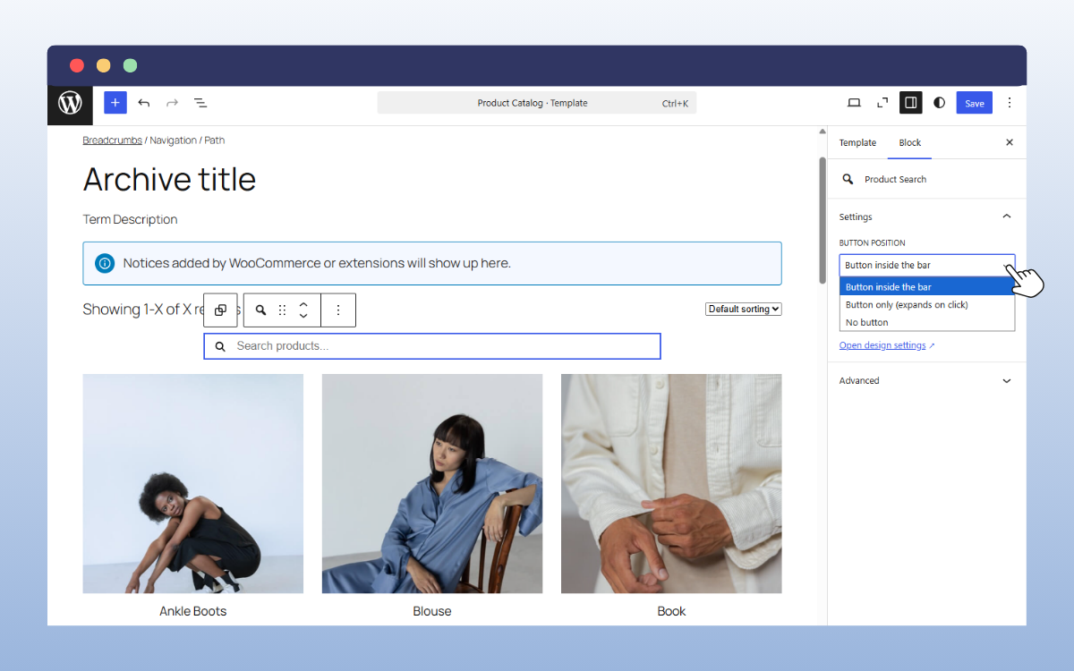 producct search block settings